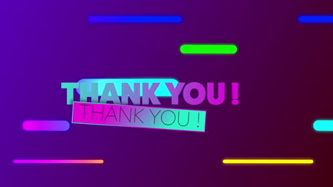 Animation-of-thank-you-text-in-blue-and-pink-letters-over-multi-coloured-neon-lines