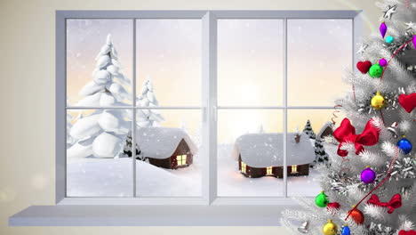 Animation-Des-Weihnachtsbaums-Und-Der-Winterlandschaft,-Gesehen-Durch-Das-Fenster