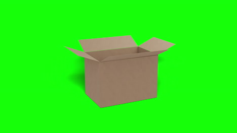 Brown-carboard-box-moving-quickly-into-into-shot-and-opening-on-green-screen-background