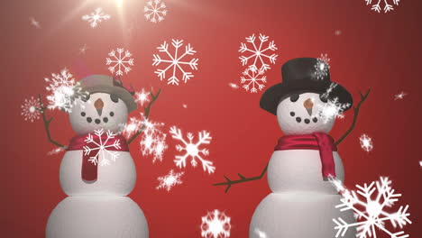 Digitale-Animation-Von-Schneeflocken,-Die-über-Männliche-Und-Weibliche-Schneemänner-Fallen