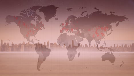 Animation-of-world-map-with-covid-19-pandemic-locations-over-cityscape-on-pink-background