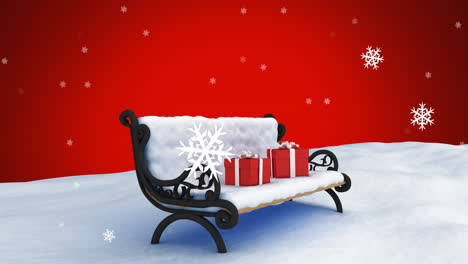 Digital-animation-of-snow-falling-over-gift-boxes-on-bench-on-winter-landscape-against-red-backgroun