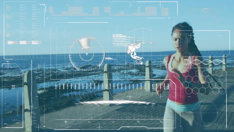 Animation-of-statistics-and-graphs-over-woman-jogging-on-promenade-by-the-sea