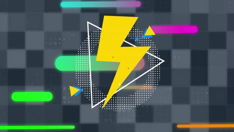 Animation-of-a-lightning-icon-over-multiple-colourful-shapes-moving