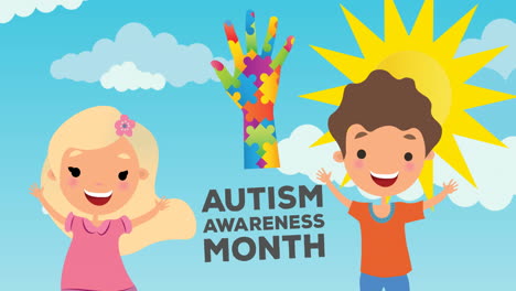 Animation-of-autism-awareness-month-text-with-hand-in-autism-awareness-puzzles-with-girl-and-boy