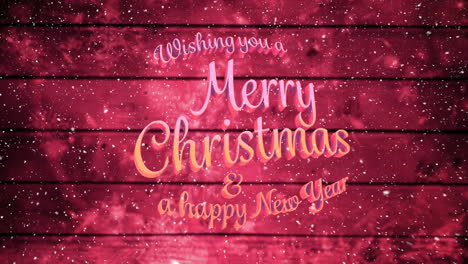 Snowflakes-falling-over-Merry-Christmas-and--Happy-New-Year-text-against-red-wooden-background