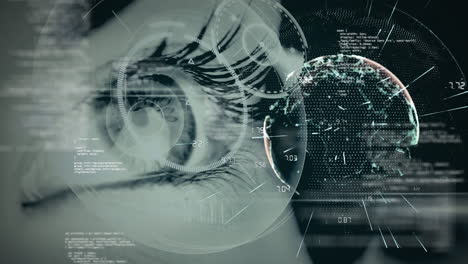 Animation-of-globe-of-network-of-connections-and-data-processing-over-close-up-of-woman's-eye