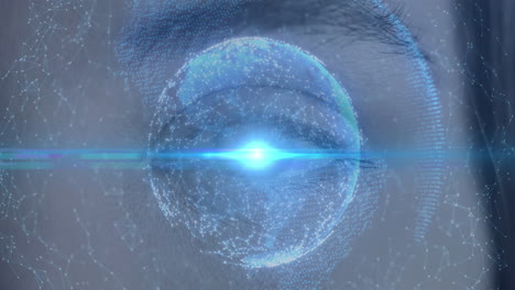 Blauer-Lichtfleck-Und-Kugel-Aus-Netzwerk-Von-Verbindungen-über-Der-Nahaufnahme-Eines-Weiblichen-Auges