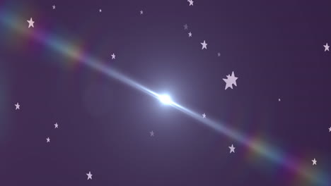 Animation-of-multiple-white-stars-falling-on-purple-background-with-glowing-light