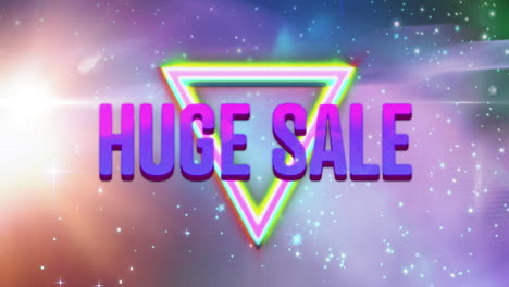 Animation-of-retro-huge-sale-purple-text-over-neon-triangle-with-stars-on-glowing-background