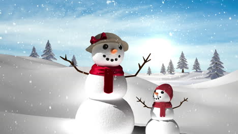 Digital-animation-of-snow-falling-over-female-and-kid-snowman-on-winter-landscape
