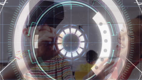 Light-trails-over-neon-scope-scanner-against-caucasian-boy-wearing-vr-headset-at-school