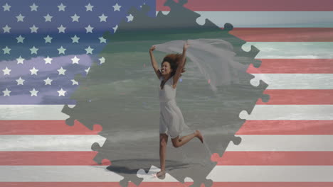 Animation-Von-Feuerwerkskörpern-Und-Puzzles-Mit-Amerikanischer-Flagge,-Die-Eine-Frau-Zeigen,-Die-Am-Strand-Läuft