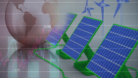 Finanzdatenverarbeitung-über-Solarpanel-Und-Windmühle-Vor-Dem-Globus-Im-Hintergrund
