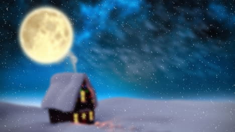 Animación-De-Paisajes-Invernales-Con-Casa,-Luna-Llena-Y-Nieve-Cayendo