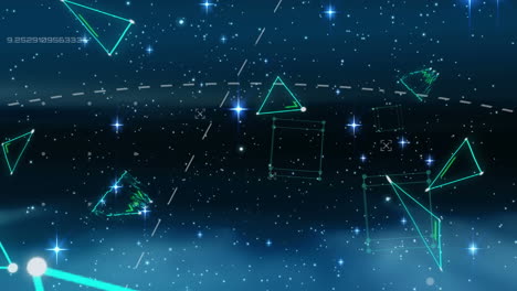 Animation-of-network-of-connections-with-green-triangles-and-glowing-stars-on-blue-background