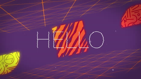 Animation-of-hello-text-over-colourful-changing-shapes
