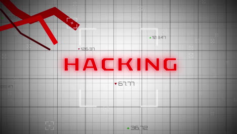 Animation-of-hacking-text,-red-lines-descending-and-numbers-over-grid-on-white-background