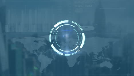 Runder-Scanner-über-Weltkarte-Vor-Digitaler-Schnittstelle-Mit-Datenverarbeitung-Auf-Blauem-Hintergrund