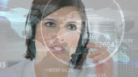 Animation-of-networks-of-connections-with-icons-over-businesswoman-wearing-phone-headset
