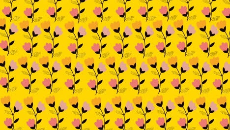 Animation-of-multiple-flowers-moving-over-yellow-background