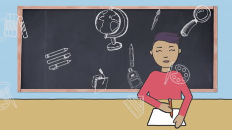 Animation-of-school-icons-over-blackboard-and-schoolboy-writing-on-blue-background
