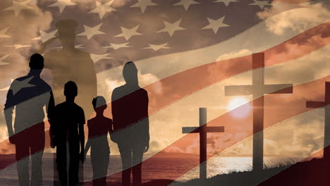Animation-Der-Salutierenden-Silhouette-Eines-Kruzifix-Soldaten-Und-Einer-Familie,-Die-Sich-über-Die-Amerikanische-Flagge-Bewegt