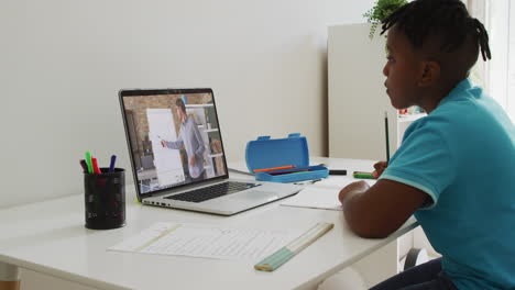 African-american-boy-having-a-video-call-on-laptop-while-doing-homework-at-home