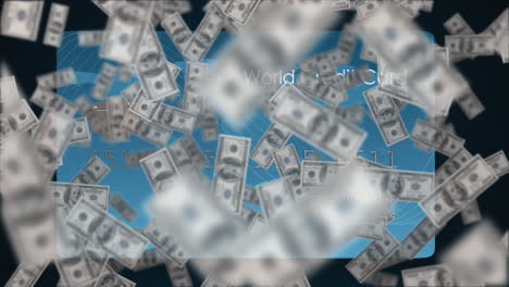 Animation-of-dollar-bills-rising-over-blue-credit-card,-on-black-background