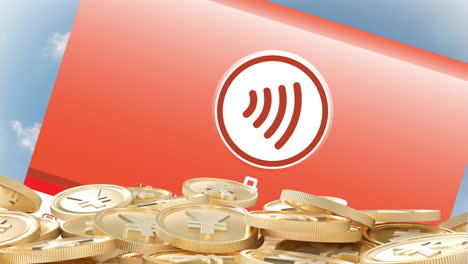 Animation-of-gold-yen-coins-over-screen-with-wifi-icon