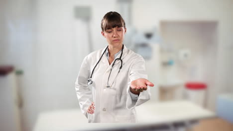 Caucasian-female-doctor-holding-an-invisible-object-against-hospital-in-background