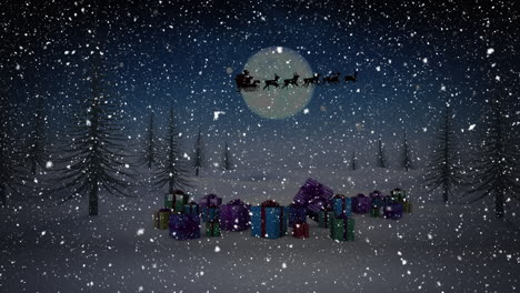 Animation-Des-Weihnachtsmanns-Im-Schlitten-Mit-Rentieren-über-Einer-Winterlandschaft-Mit-Fallendem-Schnee