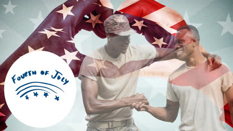 Animation-of-fourth-of-july-text-with-male-soldiers-shaking-hands-over-american-flag