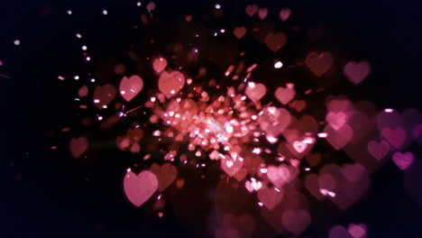 Animation-of-falling-red-hearts-and-glittering-red-firework-on-black-background