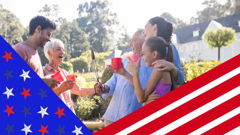 Animation-of-family-celebrating-and-smiling-over-american-flag