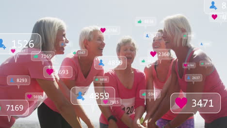 Animation-of-social-media-notifications,-over-female-runners-making-hand-stack-after-race