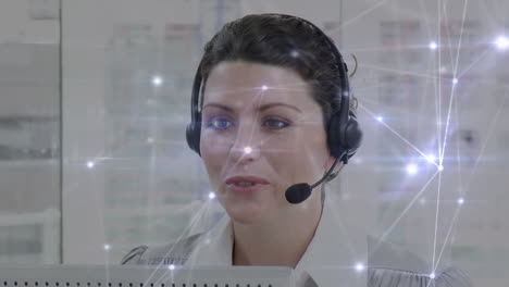 Animation-of-networks-of-connections-over-businesswoman-using-phone-headsets