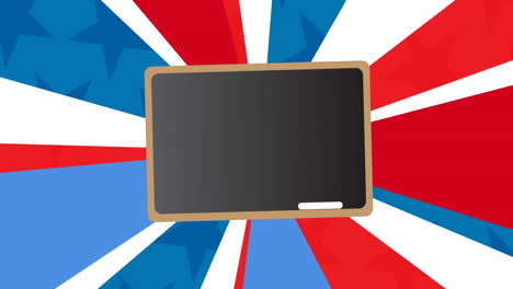 Animation-of-chalkboard-over-rotating-radiating-red,-white-and-blue-lines
