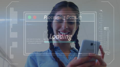 Animation-of-data-processing-on-screen-over-woman-using-smartphone