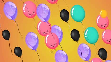 Animation-Von-Bunten-Luftballons-Mit-Fliegenden-Gesichtern-Auf-Orangefarbenem-Hintergrund