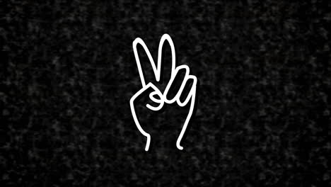 Animation-of-white-neon-peace-sign-hand,-on-black-textured-background