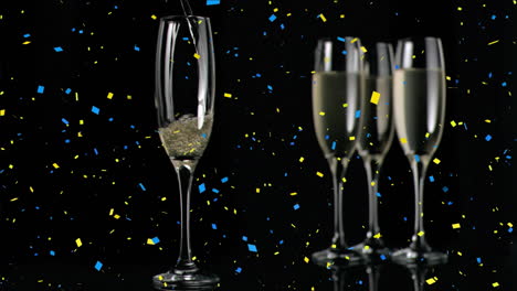 Animation-of-champagne-in-glasses-with-confetti-falling-on-black-background