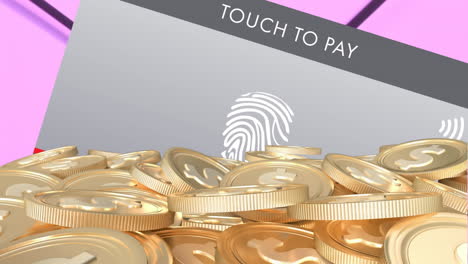 Animation-of-biometric-pay-icon-with-gold-american-dollar-coins