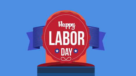 Happy-labor-text-on-red-round-banner-with-blue-ribbon-over-flashing-siren-against-blue-background