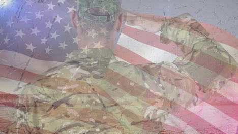 Animación-De-Soldado-Saludando-Sobre-La-Bandera-Americana.