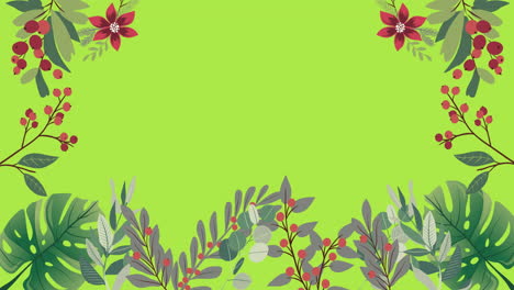 Animation-of-foliage,-berries-and-flowers-framing-copy-space-on-light-green-background