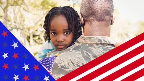 Animation-of-male-soldier-embracing-son-over-american-flag