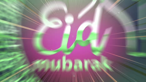Animation-of-text-eid-mubarak,-mosque-and-crescent-moon-symbols,-with-strobing-pink-light-on-black