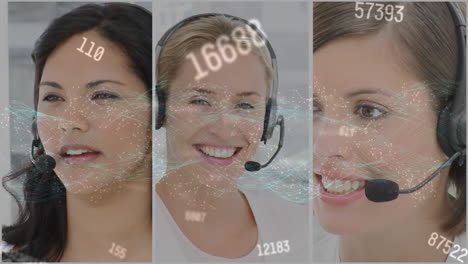Animation-of-network-of-convection-over-business-people-using-phone-headsets