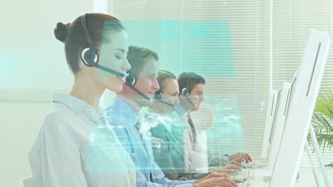 Animation-of-network-of-connections-over-smiling-caucasian-office-workers-wearing-headsets